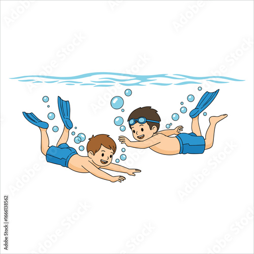 Two young boys enjoying snorkeling and swimming together in the clear blue water
