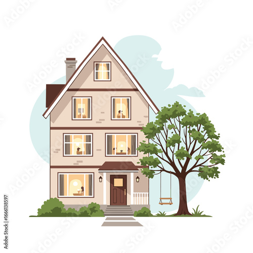 Charming three story family home with lush green tree and inviting yard