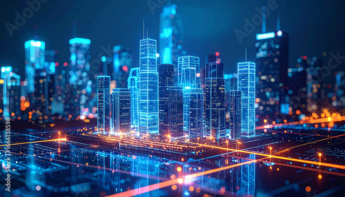 City of Digital Tomorrow: A futuristic cityscape illuminates, showcasing an advanced network that connects every aspect of urban life. Neon lights carve intricate patterns across skyscrapers. 