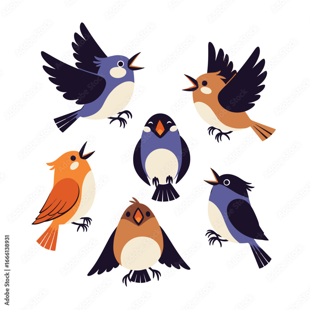 Fototapeta premium Collection of six colorful cartoon birds in various singing poses