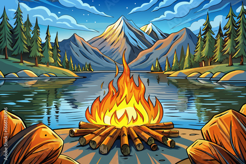 A warm campfire burning near a serene mountain lake at dusk, with the flames beautifully reflecting on the calm water surface. nature and adventure themes.
