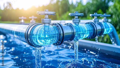 Water Flowing Through Pipeline System: A high-angle shot of a pipeline system, with water flowing freely through, demonstrating water treatment or distribution, a beacon of efficient technology