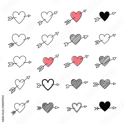 Collection of cupid arrows piercing hand drawn hearts valentine's day love symbols