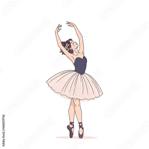 Elegant ballerina performing a graceful dance routine in a tutu and pointe shoes