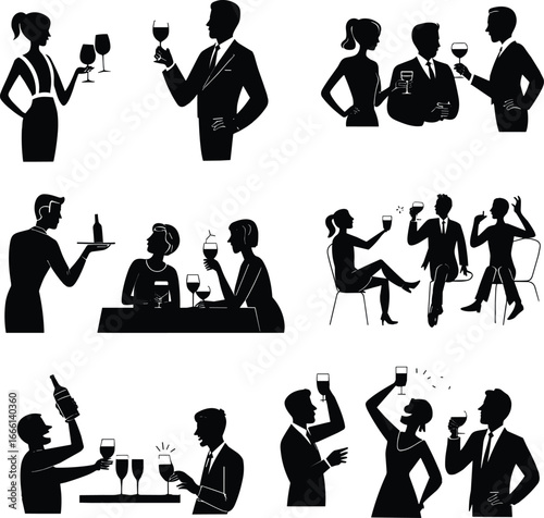 Silhouette people drinking wine, social gathering vector, bar party illustration, friends celebration, restaurant date, nightlife design, elegant dinner, cocktail party graphic