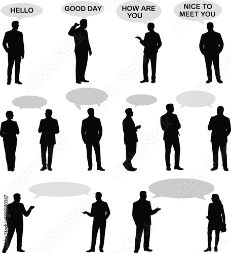 Silhouette people talking, business communication vector, office conversation bubbles, teamwork discussion graphic, professional dialogue design, corporate interaction, greeting words