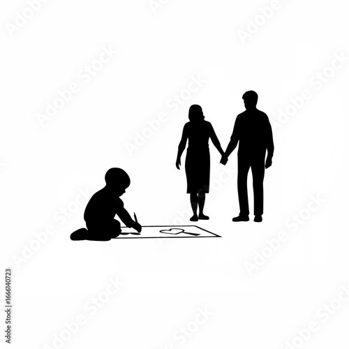 Child drawing family parents ignoring each other silhouette isolated on white background