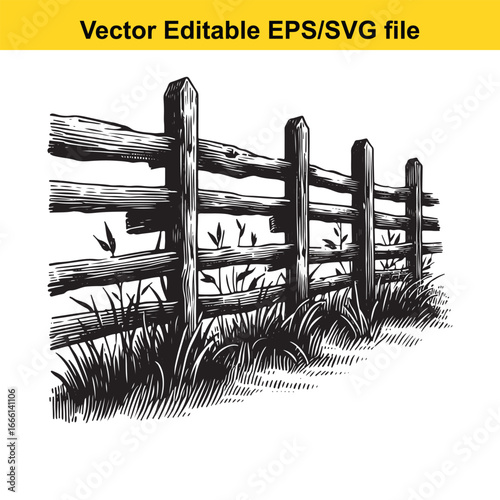 Rustic wooden fence with posts and rails in a rural landscape