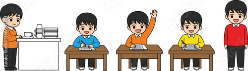 Boy doing chores and studying in classroom, raising hand, writing homework, standing and smiling, education and daily activities concept.