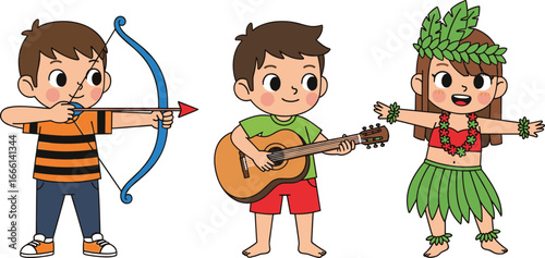 Cartoon Kids Performing: Archery Boy, Guitar Playing Boy, Hawaiian Girl Dancing Hula in Costume - Fun Cultural and Activity Illustration
