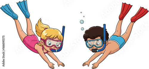 Cartoon boy and girl snorkeling underwater – kids diving with masks, flippers, and snorkels in ocean or sea vector illustration.