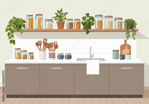 A modern kitchen counter with cabinets, shelves stocked with jars, utensils, and potted plants, featuring a sink and white subway tile backsplash