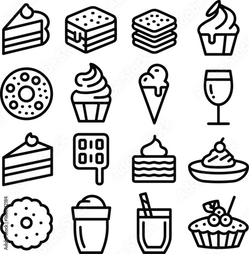 Set of sixteen black line vector icons representing cakes, cupcakes, cookies, ice cream, donuts, beverages, and desserts for menu, cafe, bakery, and food design projects