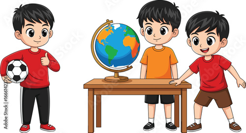 Cartoon Boys Learning and Playing – Kids with Globe and Soccer Ball – Educational and Fun School Activity Vector Illustration