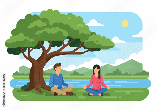 Two individuals meditating peacefully under a large shade tree by a serene lake, embracing mindfulness and relaxation in a natural outdoor setting, fostering well-being and inner calm