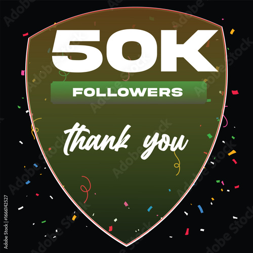 50K Followers Thank you Elegant poster with confetti in sheld vector design and isolated on black background. Vector illustration art EPS editable file seamless art.followers celebration with confetti