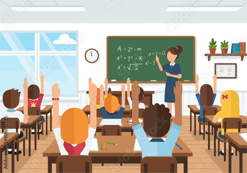 Engaged students actively participate in a lively classroom lesson, raising their hands to answer questions from the teacher, fostering an interactive learning environment
