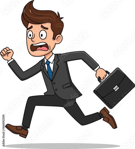 Cartoon businessman running late with briefcase, worried expression, concept of urgency, stress, or being late for work.