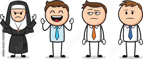 Cartoon Characters Showing Emotions – Angry Nun, Happy, Bored, and Sad Businessmen – Funny Expression Vector Illustration Set
