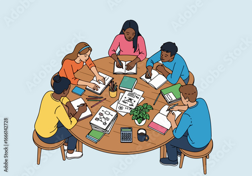 Diverse student group collaborating at a table, engaging in focused study, shared learning, and academic teamwork, representing educational success and mutual support