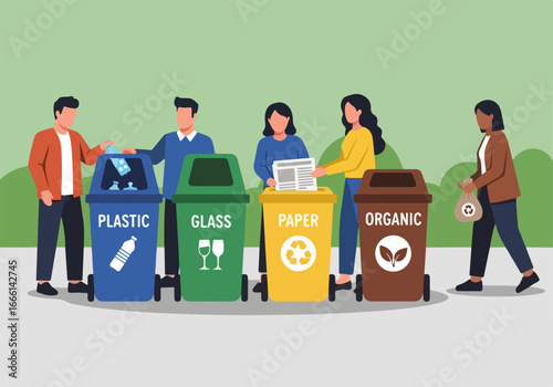 Diverse Group Sorting Waste in Color-Coded Bins, Promoting Eco-Conscious Practices and Environmental Responsibility