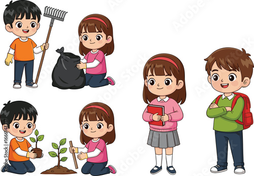 Cartoon Kids Cleaning, Planting Trees, and Studying – Environmental Awareness and Education Activities for Children, School and Nature Illustration