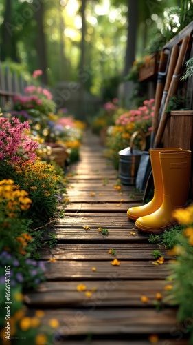 Wooden path through colorful blooming garden