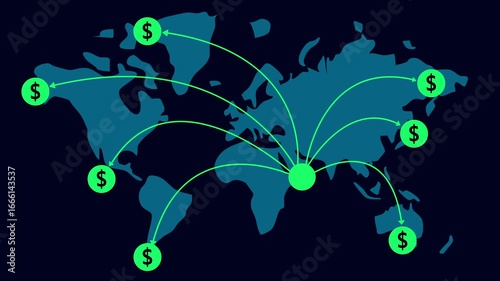 Global currencies exchange on an abstract digital world map animation. 