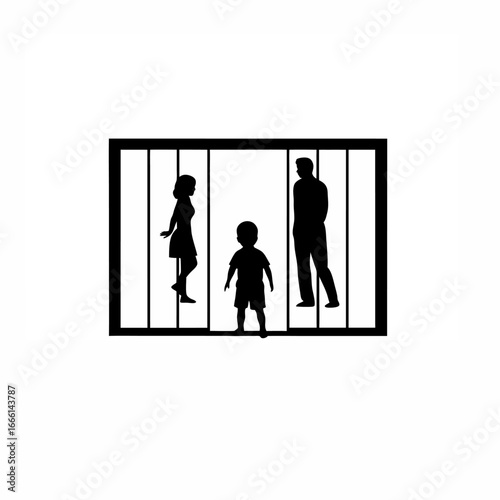 Child watches parents walk away silhouette isolated on white background