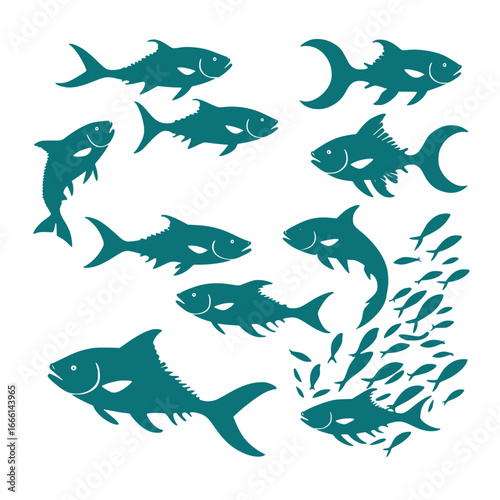School of teal fish swimming in deep ocean waters vector illustration for aquatic themes