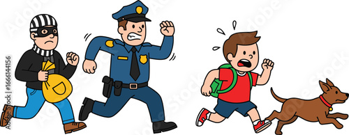 Cartoon police chase scene with cop, thief, scared boy, and running dog – law enforcement, crime, and action vector illustration.