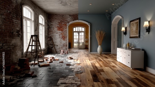Interior transition from construction to finished