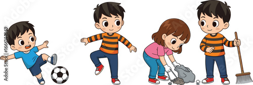 Children Playing Soccer and Cleaning Environment – Cartoon Kids in Action for School Projects, Sports, and Environmental Awareness Education