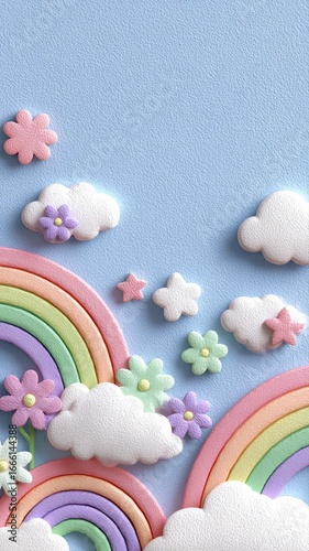 Colorful 3D fantasy background with flowers and sun