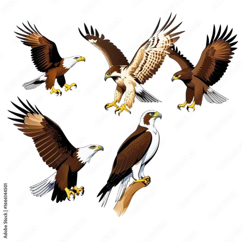Fototapeta premium Majestic eagles in flight and perched vector illustration for wildlife and nature designs