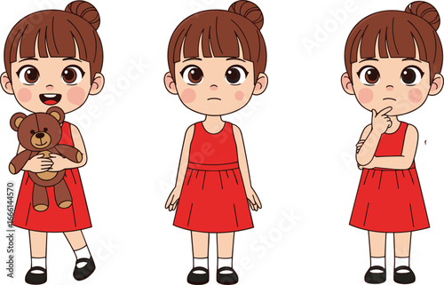 Cute Cartoon Girl in Red Dress Showing Emotions – Happy, Sad, and Thinking Expressions – Vector Character Illustration