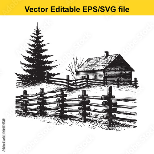 Rustic log cabin with wooden fence and pine tree in a rural landscape