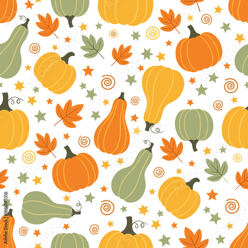 Autumn pumpkins and gourds seamless pattern, fall harvest background