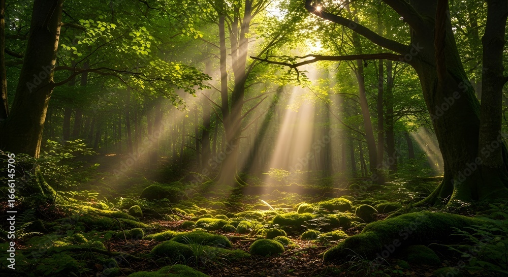 Fototapeta premium lush green forest, sunlight breaking through dense leaves