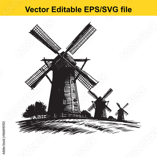 Vintage windmills in a rural landscape, traditional wind power energy source