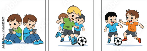 Kids Playing Soccer and Using Phones – Active and Sedentary Children in Modern Lifestyle – Fun Vector Illustration Set