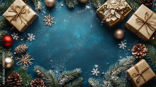 Christmas Background Featuring Fir Branches, Golden Decorations, and Wrapped Gifts on a Blue Surface