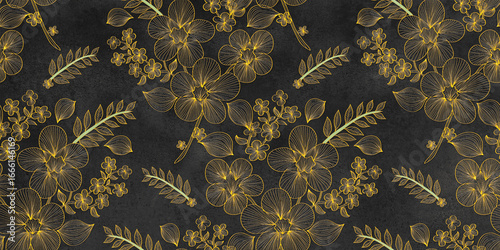 Golden floral pattern on a textured black background and golden flowers patern texure.