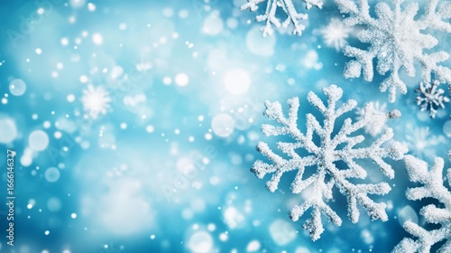 Light Blue Background Featuring Snowflakes and Sparkling Glitter Symbolizing Winter and Festive Joy