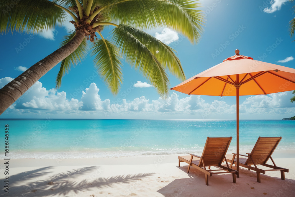 Fototapeta premium Summer Vacation Promotion Banner - Beach Chairs Under Orange Umbrella with Palm Trees and Turquoise Water for June Travel Deals and May Getaway Planning