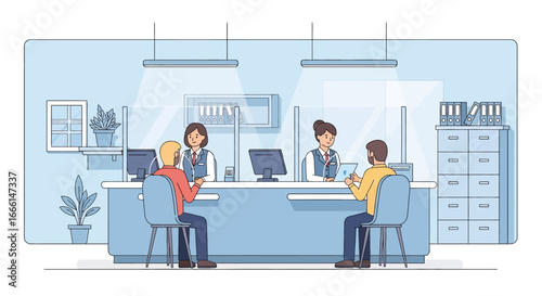 Flat illustration of customers meeting with bank tellers at service counters, symbolizing financial transactions, deposits, withdrawals, account management, and professional customer support