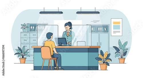 Flat illustration of a customer meeting with a bank teller at a counter, symbolizing financial services, account management, savings, deposits, withdrawals, and professional banking support