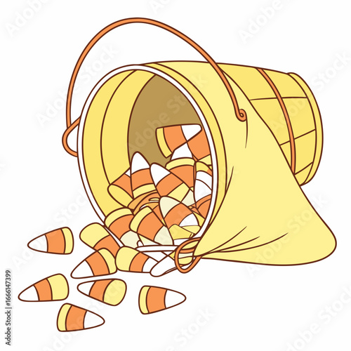 A bucket with orange and white stripes spilling candy corn pieces onto a white surface illustration style
