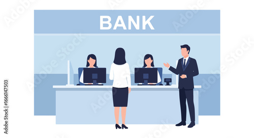 Flat illustration of customers at a bank counter receiving service from tellers, symbolizing financial transactions, savings, deposits, withdrawals, and professional banking support