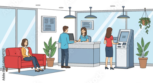 Flat illustration of a modern bank interior with teller service, ATM machine, and waiting area, symbolizing financial services, customer support, savings, investment, and money management